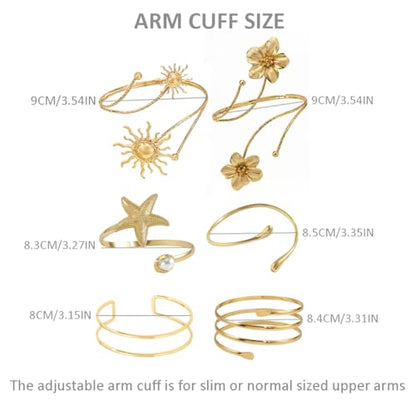 ItsStarred Minimalist Arm Cuff Gold Plated, Upper Arm Cuff Bangle Bracelet for Women, Adjustable Arm band Set 6 Pieces - color: B: Gold Plated Flower & Sun