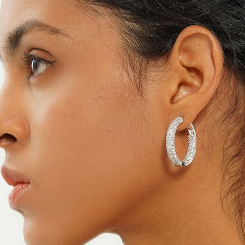 Iced Out Hoop Earrings Cubic Zirconia Huggie Cartilage Cuff Hypoallergenic 14K Gold Plated Luxury Fashion Round Circle Earrings For Men Women - color: 03 Silver