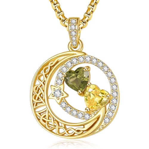 14k Gold Plated Moon and Star Necklace Double Birthstone (Aug Peridot and Nov Citrine), Great Wedding Anniversary Birthday Gift for Her, Mothers Day Gift