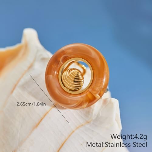 Seashell Starfish Round Circle Open Statement Ring for Women Stainless Steel Sea Star Spiral Conch Scallop Adjustable Rings Boho Resin Geometric Summer Ocean Beach Band Comfort Fit Fashion Jewelry - color: Brown