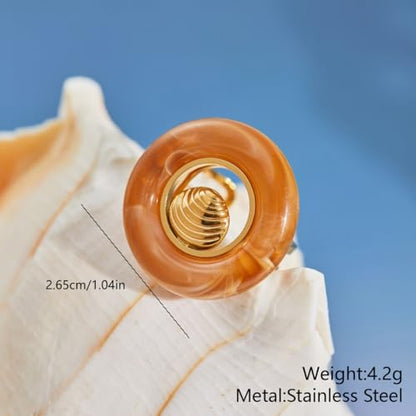 Seashell Starfish Round Circle Open Statement Ring for Women Stainless Steel Sea Star Spiral Conch Scallop Adjustable Rings Boho Resin Geometric Summer Ocean Beach Band Comfort Fit Fashion Jewelry - color: Brown