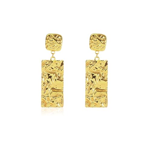 Large Geometric Drop Dangle Earrings for Women Pearl Teardrop Disc Rectangle Oval Fishtail Shell Shaped Textured Dangle Studs Earrings for Women - color: Gold-Rectangle