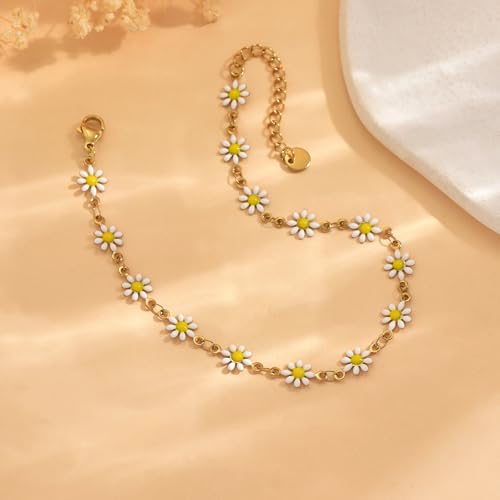 Anklets for Women, 18K Gold Plated Dainty Ankle Bracelets with Tennis, Pearl, Daisy, Lip, Snake Chain, Layered CZ Anklet Waterproof, Adjustable Boho Summer Beach Foot Jewelry - style: Daisy Anklet