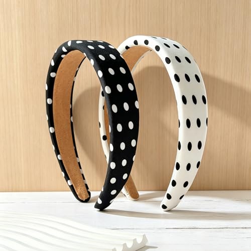 Padded Headband for Women, Polka Dot Wide Headbands, Thick Sponge Hair Bands, Non-Slip Fashion Hair Accessories for Daily Wear, Party, 2 Pack (Black & White)
