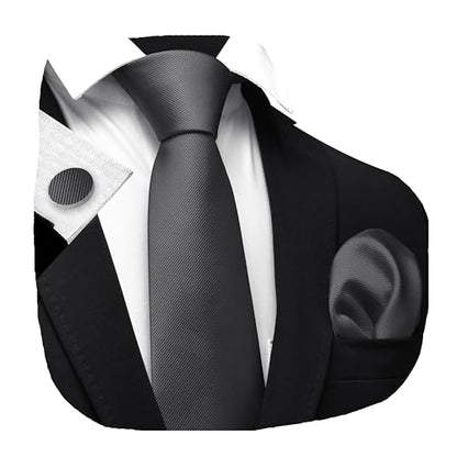 GUSLESON 3.15"（8cm） Solid Color Necktie and Pocket Square Cufflinks Sets For Men + Gift Box - color: Charcoal Grey