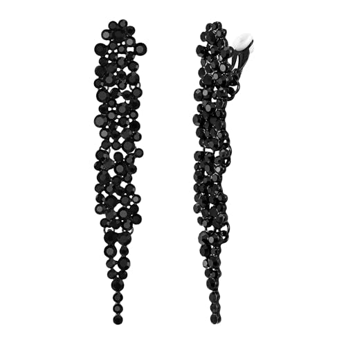 EVER FAITH Rhinestone Crystal Art Deco Statement Clip-on Earring, Wedding Prom Long Chandelier Dangle Earrings for Women - color: Black Black-Tone