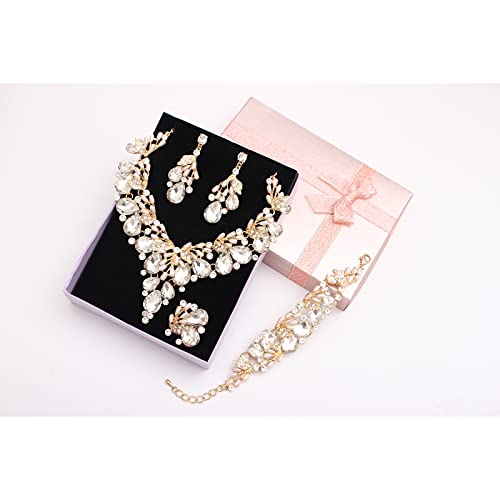 Jewelry Set for Women, Statement Necklace Dangle Earrings Bracelet Ring, White/KC Gold Plated Jewelry Set with Rhinestone Pearl Crystal Wedding Party Jewelry for Bridal Bridesmaid - color: White-Gold Plated