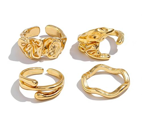 4Pcs Irregular Wavy Open Rings Minimalist Gold Silver Tone Jewelry for Men - color: A Gold