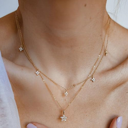 Dainty Choker Necklace for Women 18K Gold Plated Shining Dots Box Chain Sparkle Necklaces Cute Paperclip Link Herringbone Necklace Exquisite Jewelry Gifts for Mom Girlfriend - style: Z/Layered CZ Flower