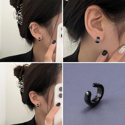 SIISPRI Stainless Steel Mens Womens Clip On Earrings Hoop Huggie Non-Piercing - color: Black