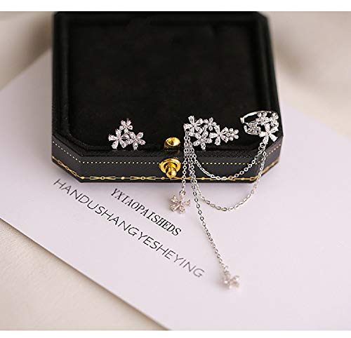 Blossom CZ Flower Ear Cuff Wrap Clip On Clawler Climber Hoop 925 Sterling Silver Stud Chain Threader Tassel Asymmetric Earrings for Women Girls Sensitive Ear Elegant Gifts for Wedding Bff