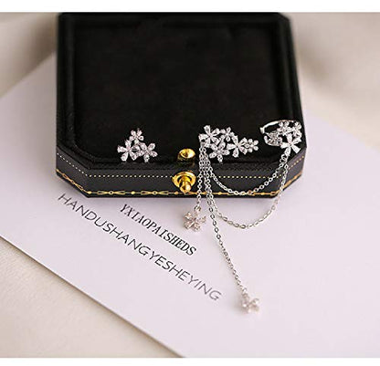 Blossom CZ Flower Ear Cuff Wrap Clip On Clawler Climber Hoop 925 Sterling Silver Stud Chain Threader Tassel Asymmetric Earrings for Women Girls Sensitive Ear Elegant Gifts for Wedding Bff