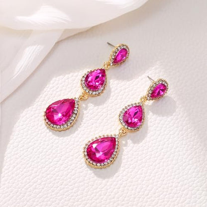 EleQueen Women's Crystal Teardrop Pear Shape 2.5 Inch Long Earrings | Dangle Earrings for Women, TearDrop Crystals Earrings for Bride Bridesmaid, Prom Jewelry for Wedding - color: Hot Pink Gold-Tone