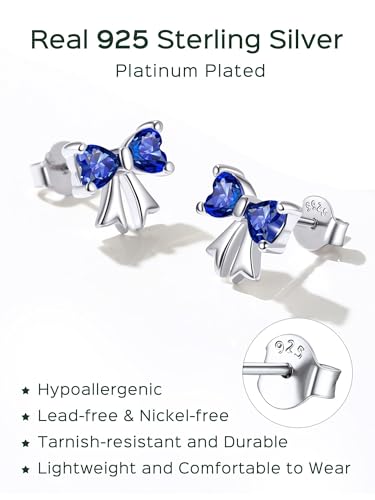 ChicSilver 925 Sterling Silver Bow/Butterfly Earrings for Women Hypoallergenic Birthstone Earrings Dainty Bow/Butterfly Jewelry Gift for Women - color: Bow-September-Sapphire
