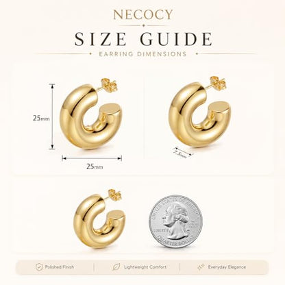 Necocy Chunky Gold Hoop Earrings for Women Non Tarnish, 14k Gold Plated Thick Triple Hoop Earrings Hypoallergenic Trendy Hoops Dainty Jewelry Gifts for Women - style: Chunky Tube C-Hoop