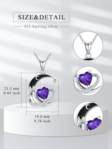 I Love You to the Moon and Back Necklace 925 Sterling Silver Black Crescent Moon Star Pendant with Heart Birthstone Necklace Anniversary Gothic Jewelry Gifts for Women Wife Lovers - color: 02-Feb-Amethyst