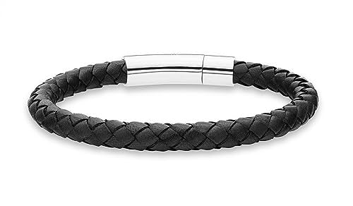 Miabella Genuine Italian Braided Leather Bracelet for Men, Made in Italy | Stainless Steel Clasp, Black or Brown Leather - color: Black, size: Large - 9" Length