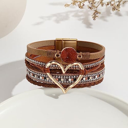 Womens Love Heart Leather Wrap Bracelet Multi-layer Stacked Bangle | Magnetic Clasp Soft PU Leather Resin Stone Rhinestone Boho Style Birthday Valentine Christmas Bohemian Jewelry Gift - color: Brown