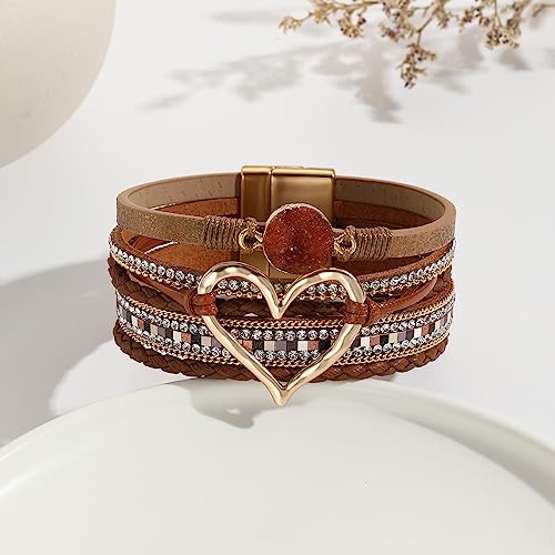 Womens Love Heart Leather Wrap Bracelet Multi-layer Stacked Bangle | Magnetic Clasp Soft PU Leather Resin Stone Rhinestone Boho Style Birthday Valentine Christmas Bohemian Jewelry Gift - color: Brown
