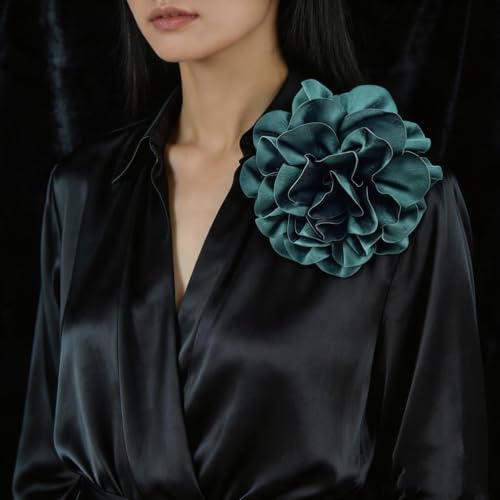 Dainty Satin Fabric Rose Flower Brooches 7.5in Extra Large Big Camellia Flower Brooches Lapel Pins for Women Wedding Party Dance Dress Clothes Accessories - color: Green