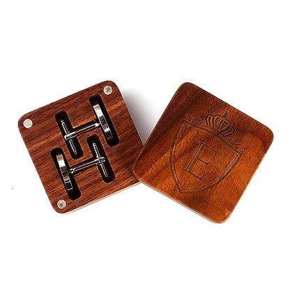 Mens Initial Silver Cufflinks A-Z Alphabet Letter Steel Cuff Links with Engraved Walnut Wood Box Groom Groomsman Wedding Set… - style: E