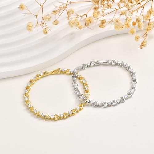 Tennis Bracelet for Women - 14K Gold Plated Heart Cubic Zirconia Bracelet, Dainty Trendy Anniversary Birthday Christmas Jewelry Gift for Her - color: Gold (6.3-6.8 Inches)