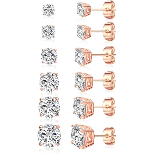 Gemsme 5 Pairs Princess Cut Cubic Zirconia Stud Earrings for Women/Men - 18K Gold Plated Hypoallergenic 3-7mm Square Clear CZ Earring Set - color: Rose Gold-Round 4 Prong