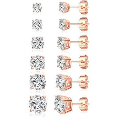 Gemsme 5 Pairs Princess Cut Cubic Zirconia Stud Earrings for Women/Men - 18K Gold Plated Hypoallergenic 3-7mm Square Clear CZ Earring Set - color: Rose Gold-Round 4 Prong