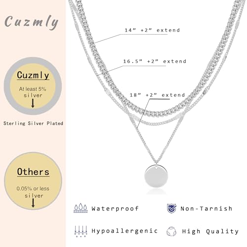 Cuzmly Layered Silver Necklaces for Women, Sterling Silver Stackable Stack Choker Necklaces for Women Trendy Layering Circle Pendant Chain Necklace Set Jewelry for Women - style: Coin