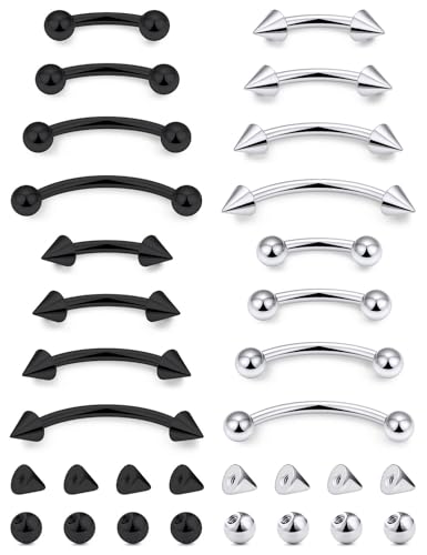 Jenxnjsjo 16g 6/8/10/12mm Silver/Gold/Black Eyebrow/Rook/Snug/Vertical-Labret/VCH/Snake-Eyes/Anti-Tragus/Christina/Daith/Belly-Button/Bridge/Hood/Surface Curved Barbell Piercing Jewelry for Women Men - color: Silver & Black