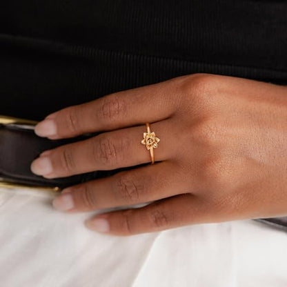 Birth Flower Stacking Ring for Women | 14K Gold Plated Brass, 12 Engraved Floral Motifs, Slim Stack-Ready Band, Available in US Sizes 5-9 - style: Mar.-Daffodil