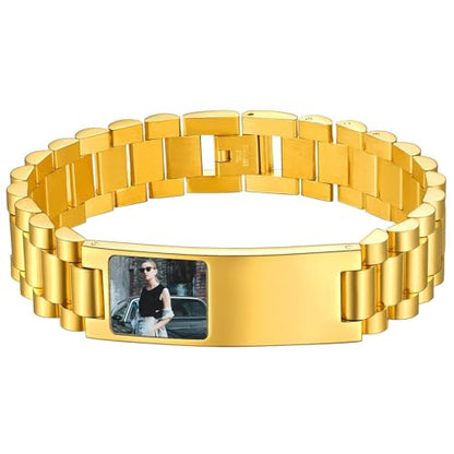 ChainsHouse Men Stainless Steel Bracelet Adjustable Custom ID Engraved Gift | Personalized Silver/Gold/Black for Birthday Father Husband Boyfriend with Gift Box Adjustable Tool 10mm/15mm/15.5mm 8.3"/8.7" - color: M.15mm width-Gold-Photo Custom