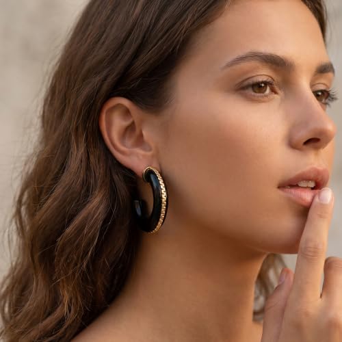 Gold Plated Resin Chunky Hoop Earrings Hypoallergenic Push Back Hoops for Sensitive Ears - color: Black