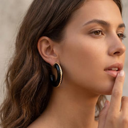 Gold Plated Resin Chunky Hoop Earrings Hypoallergenic Push Back Hoops for Sensitive Ears - color: Black