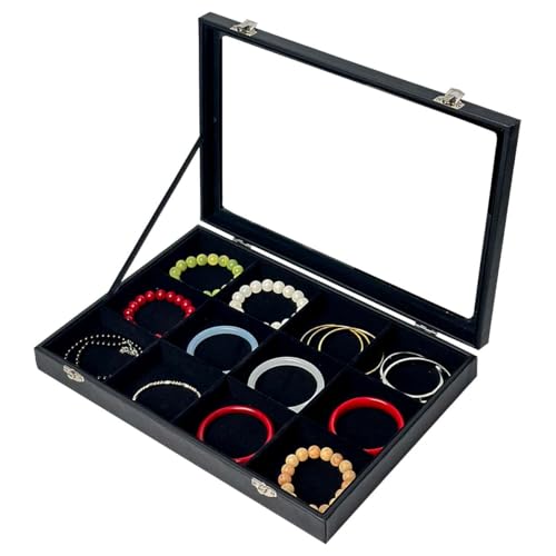 Black 12 Grid Jewelry Organizer Display Box with Transparent lid Bracelets Display Case Bracelet Box with Clasp Bangle Organizer Drawer Insert Bangle Brooch,Gift for Women Girls(12 Grid) - color: 12 Grid