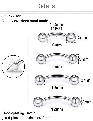 Eyebrow Piercing Jewelry Surgical Steel Curved Barbell Tiny Eyebrow Ring Vertical Labret Lip Jewelry Ear Rook Navel Small Belly Button Ring for Women Men 20g 16g 6mm/8mm/10mm/12mm - color: 16g,silvertone