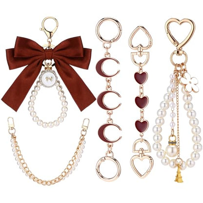 Sureio 5 Pcs Bag Extender Chain Pearl Purse Chain Ribbon Bow Keychain Extender Bag Strap Purse Charms Accessories for Handbag - color: Brown and Gold