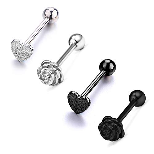 14G Stainless Steel Tongue Rings Straight Barbells Heart Shape Rose Shape Tongue Piercing Jewelry - color: Silver and Black