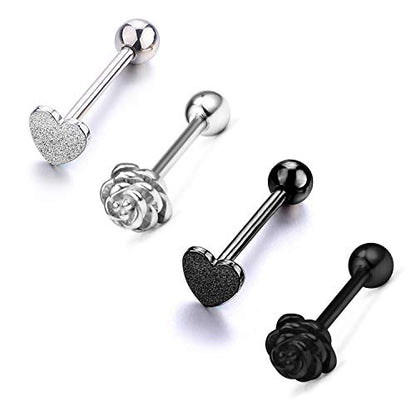 14G Stainless Steel Tongue Rings Straight Barbells Heart Shape Rose Shape Tongue Piercing Jewelry - color: Silver and Black