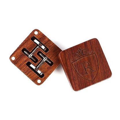 Mens Initial Silver Cufflinks A-Z Alphabet Letter Steel Cuff Links with Engraved Walnut Wood Box Groom Groomsman Wedding Set… - style: R