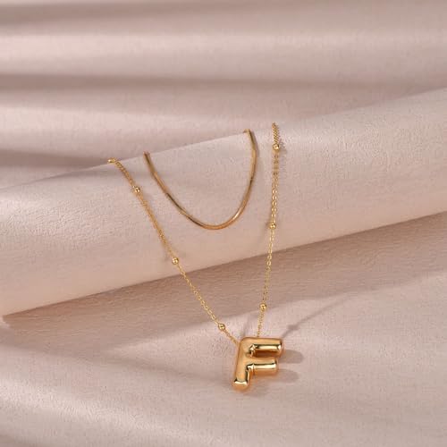 LUCA SMITH 2-Piece Initial Necklaces for Women, Dainty Balloon Bubble A-Z Letter Necklace Set, Name Letter Alphabet Pendant Layered Choker Necklaces Personalized Jewelry Gift - color: Gold bubble letter necklace, style: Initial Set-F