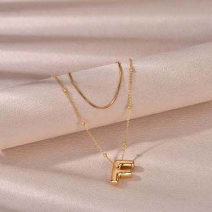 LUCA SMITH 2-Piece Initial Necklaces for Women, Dainty Balloon Bubble A-Z Letter Necklace Set, Name Letter Alphabet Pendant Layered Choker Necklaces Personalized Jewelry Gift - color: Gold bubble letter necklace, style: Initial Set-F