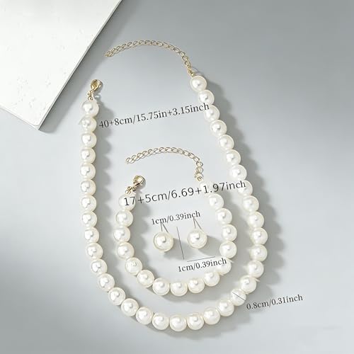 8mm Elegant Pearl Jewelry Set with Gold Chain, Classic White Faux Pearl Necklace, Bracelet and Stud Earrings, 3 Piece Wedding Formal Set