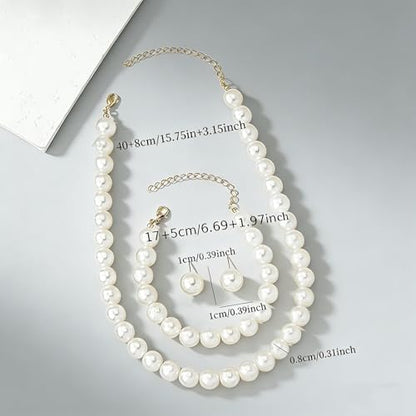 8mm Elegant Pearl Jewelry Set with Gold Chain, Classic White Faux Pearl Necklace, Bracelet and Stud Earrings, 3 Piece Wedding Formal Set