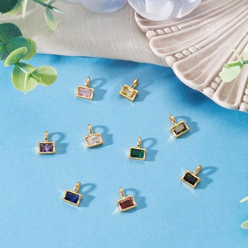 Beadthoven 9Pcs Gold Plated Cubic Zirconia Charms Rectangle Crystal Rhinestone Charms Dangle Bead Long-Lasting Brass Birthstone Pendants for Jewelry Making Necklace Earrings Bracelet DIY Craft - color: Rectangle Mix