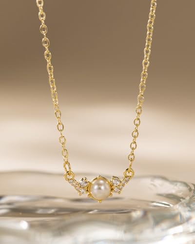Pearl Necklace for Women- 14K Gold-plated/White Gold-plated Dainty Pearl Necklace for Women - color: Gold half pearl
