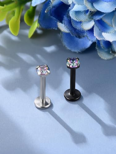 PiercingJ 2-4pcs 16g 316L Stainless Steel 3mm Cubic Zirconia Labret Monroe Lip Ring/Tragus/Helix Earring,6-12mm Bar Length - style: Color zirconia / 8mm black bar