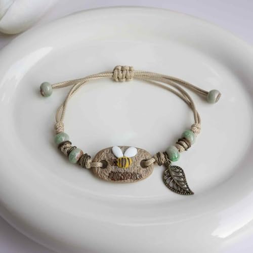 Handcrafted Bohemian Ceramic Flower Bracelet with Leaf Charm, Adjustable Beaded Bracelet for Women, Unique Handmade Jewelry Gift for Nature Lovers - style: Farmhouse