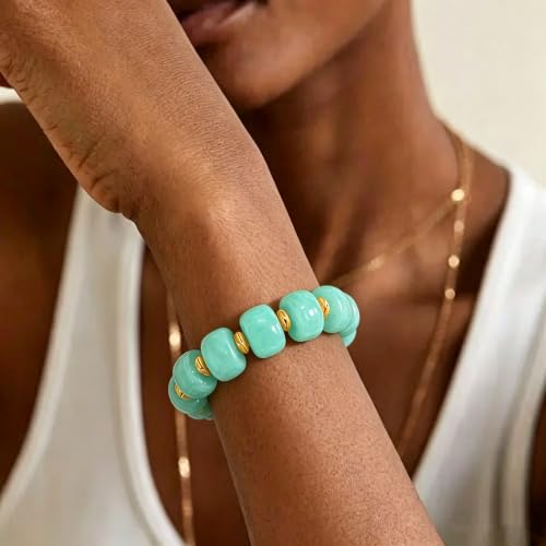 Bead Bracelet for Women Vibrant Color Resin Beads Bracelets Elastic Stretch Chunky Bracelet Boho Summer Beach Vacation Jewelry - color: Lack Blue 2