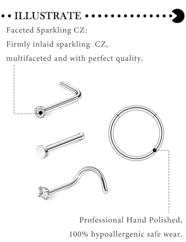Hoeudjo Hinged Nose Rings Hoop Surgical Steel Cubic Zirconia Nose Studs Kit for Women Men Tiny Nose Stud Screw & Bone & L Shaped Nostril Rings Piercing Jewelry 20-18 Gauge 24 Pieces - color: 20g